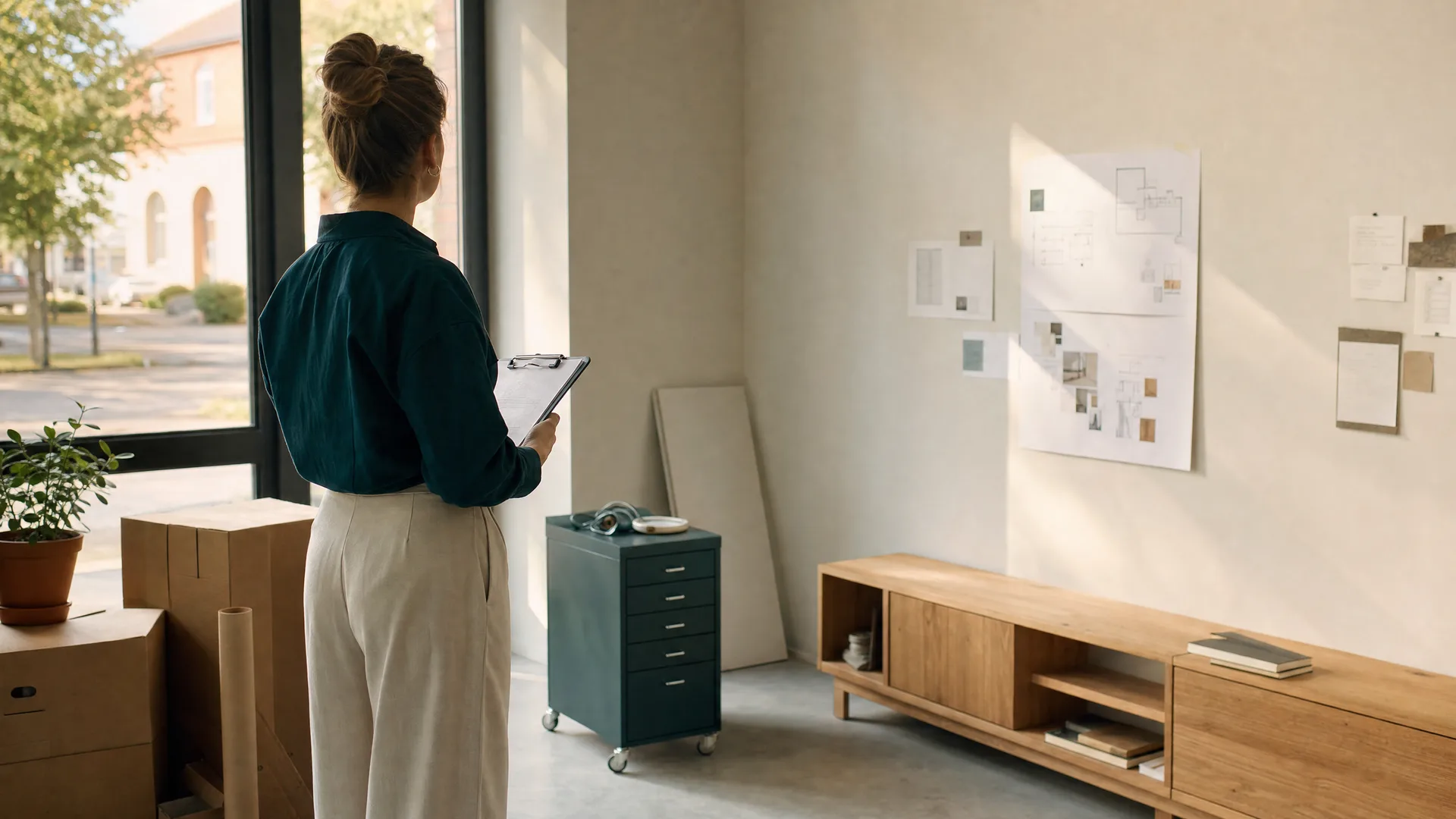 Neuer Betriebsraum im Aufbau mit Kartons, Plänen an der Wand und Klemmbrett.