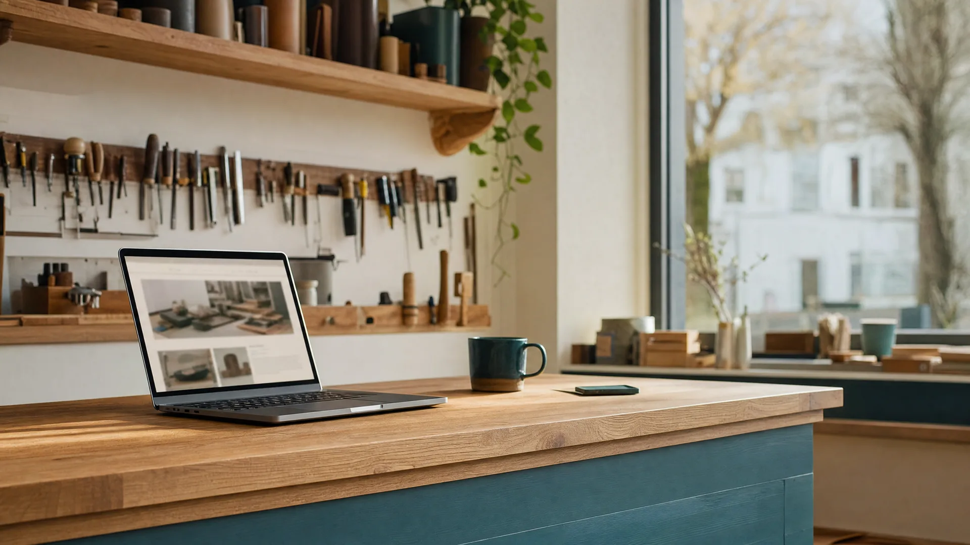 Werkstatt-Theke eines Handwerksbetriebs mit aufgeklapptem Notebook im Morgenlicht.
