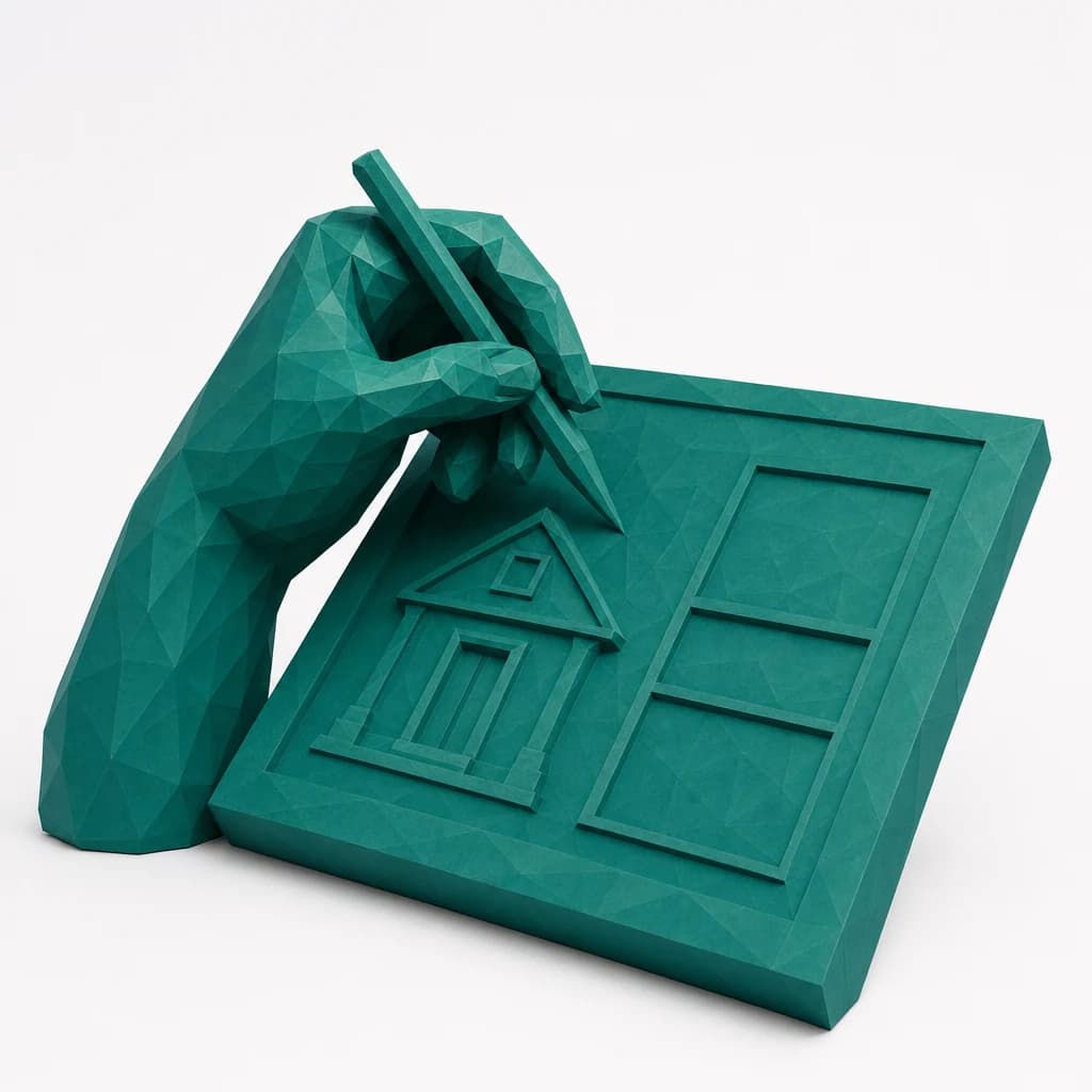 Eine Hand prüft den Entwurf als Sinnbild für Ihre Freigabe vor dem Bau.